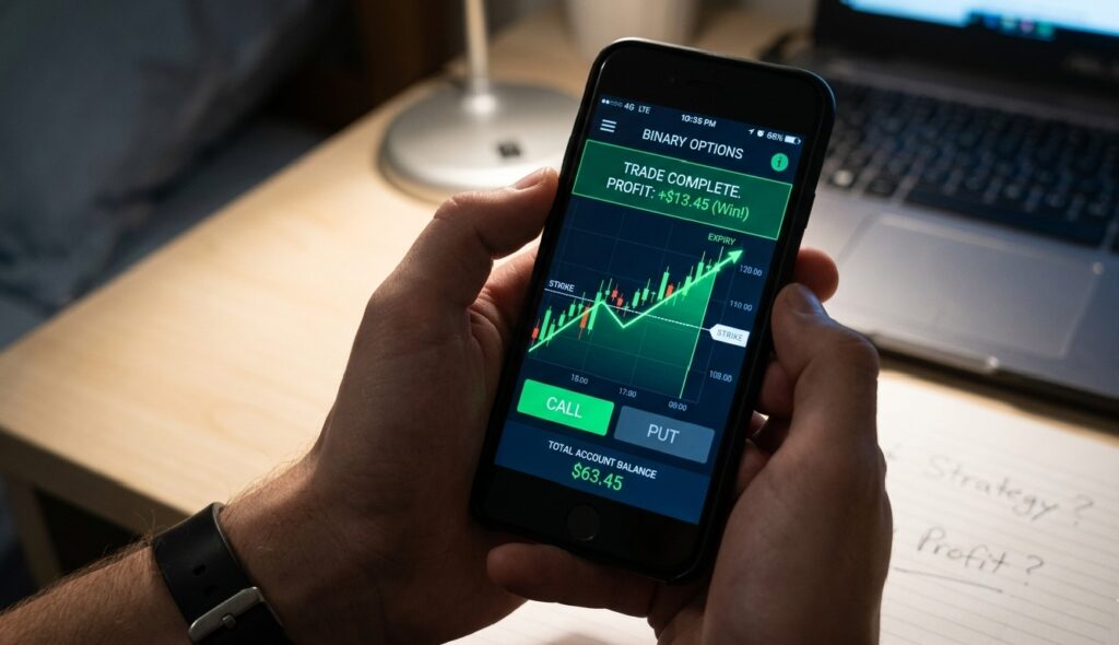 A close-up shot of a person's hands holding a smartphone displaying a binary options trading app. The screen shows a green notification that reads TRADE COMPLETE PROFIT Win against a rising candlestick chart. In the blurred background, a laptop and a notepad with the words Strategy and Profit are visible, capturing the moment of a beginner's first win and the psychological trap of early success.