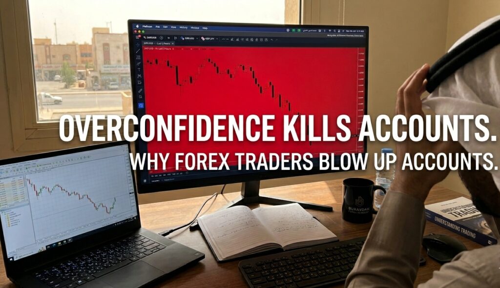 A professional trading setup showing a large monitor with a sharp red downward candlestick chart. Bold white text across the screen reads OVERCONFIDENCE KILLS ACCOUNTS. A trader is sitting in front of the desk with his head in his hands, showing signs of deep stress and regret.