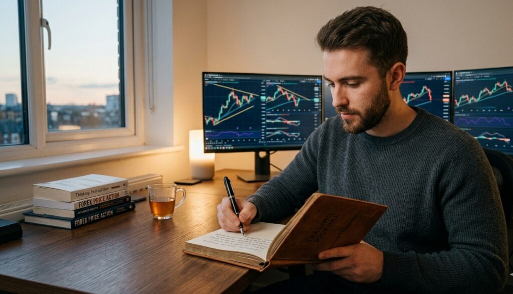 A young man in a grey sweater sitting at a clean, modern desk, writing in a leather-bound trading journal. In the background, multiple computer screens display professional candlestick charts. A stack of trading books and a cup of tea sit on the wooden desk, creating a calm and disciplined atmosphere for forex analysis.