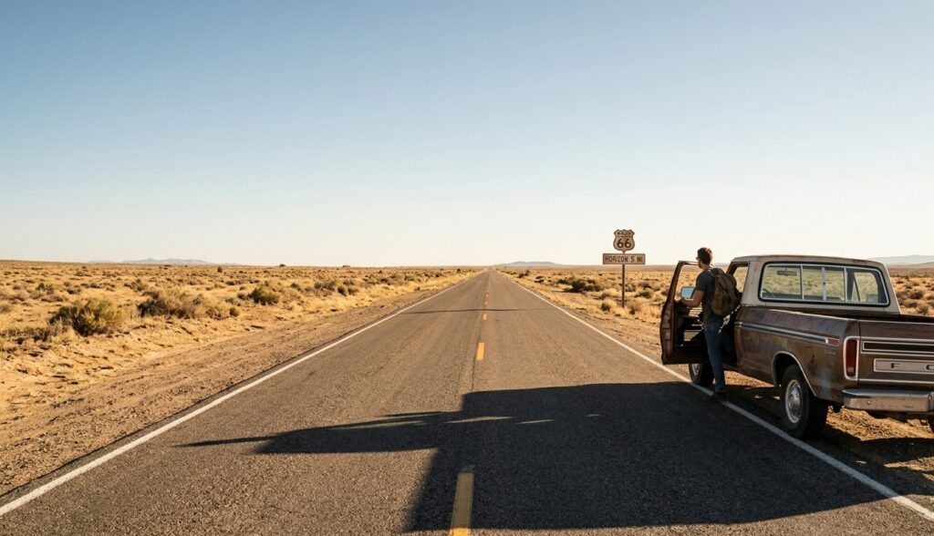 A high-angle, wide shot of a long, straight asphalt road cutting through a vast, arid desert under a clear blue sky. On the right side, a vintage pickup truck is parked on the shoulder, with a person standing by the open door, looking out at the expansive scenery. The sunlight creates long shadows, emphasizing the themes of journey, consistency, and long-term goals.