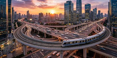 Government infrastructure investing — metro highway cityscape representing macro trend investment strategy