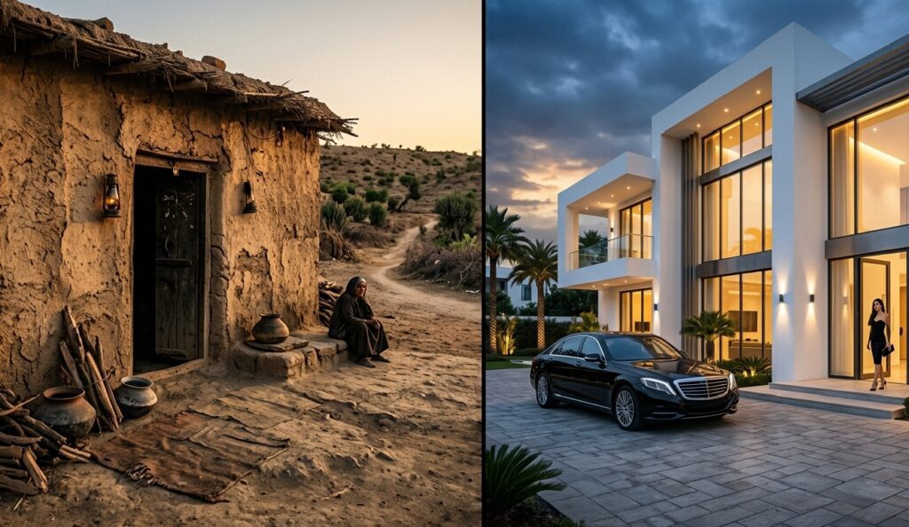 A striking split image. The left side captures a traditional mud house with weathered walls and clay pots in golden sunset light. The right side features a magnificent modern white mansion with floor-to-ceiling glass windows, a sleek black luxury sedan parked outside, and palm trees decorating the property.