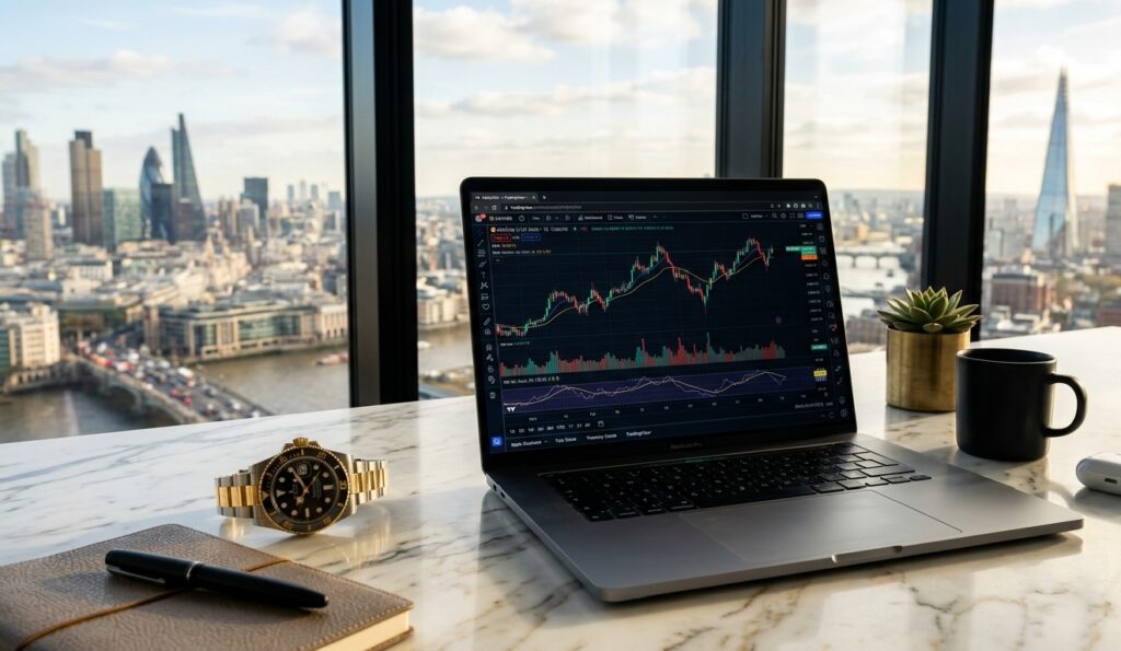 An ultra-realistic high-angle shot of a professional trader's marble desk in a skyscraper. A high-end laptop displays detailed gold trading charts. Next to it sits a luxury Rolex watch, a leather-bound notebook, a black coffee mug, and a small succulent in a gold pot. A floor-to-ceiling window reveals a sunny view of the London skyline.