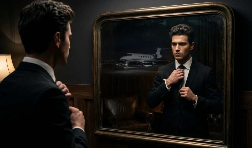 A moody cinematic shot of a young man in a sharp black tailored suit adjusting his tie in front of a large gold-framed mirror. Inside the mirror's reflection there is a faint double exposure of a private jet on a dark runway, symbolizing his ambition and future success. The lighting is dramatic with deep shadows and a sophisticated high-fashion atmosphere.