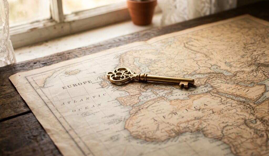 A minimalist artistic shot featuring an ornate golden key resting on a vintage world map. The map showing Europe and Africa is spread across an aged wooden desk. Soft warm sunlight streams from a nearby window creating a peaceful and inspiring atmosphere that symbolizes global travel and unlocking new opportunities.