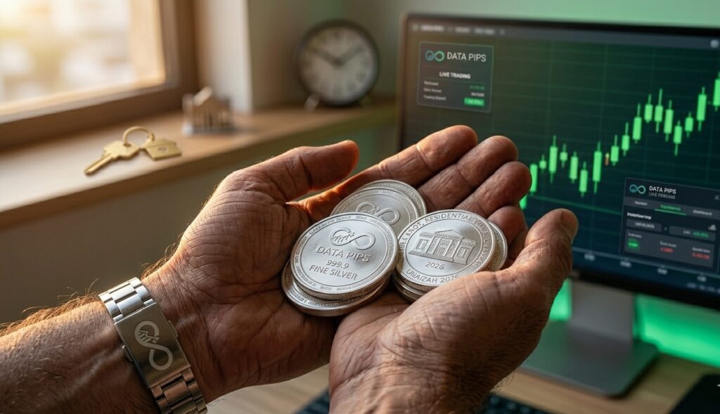 A close-up shot of a man's hands holding several fine silver coins. In the background, a glowing trading monitor shows a bullish green candlestick chart and a live trading dashboard. The scene includes a watch and warm professional lighting, symbolizing the successful transition from digital trading profits to tangible physical wealth.
