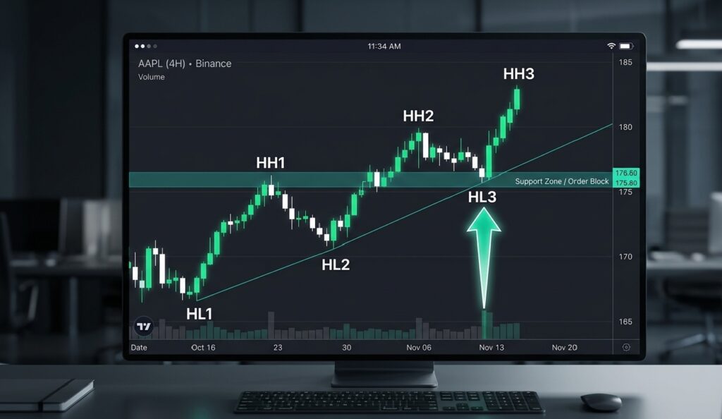 A detailed professional bullish market structure chart showing higher highs and higher lows analysis with support zones, candlestick patterns, and technical labels for screen readers and search engines.