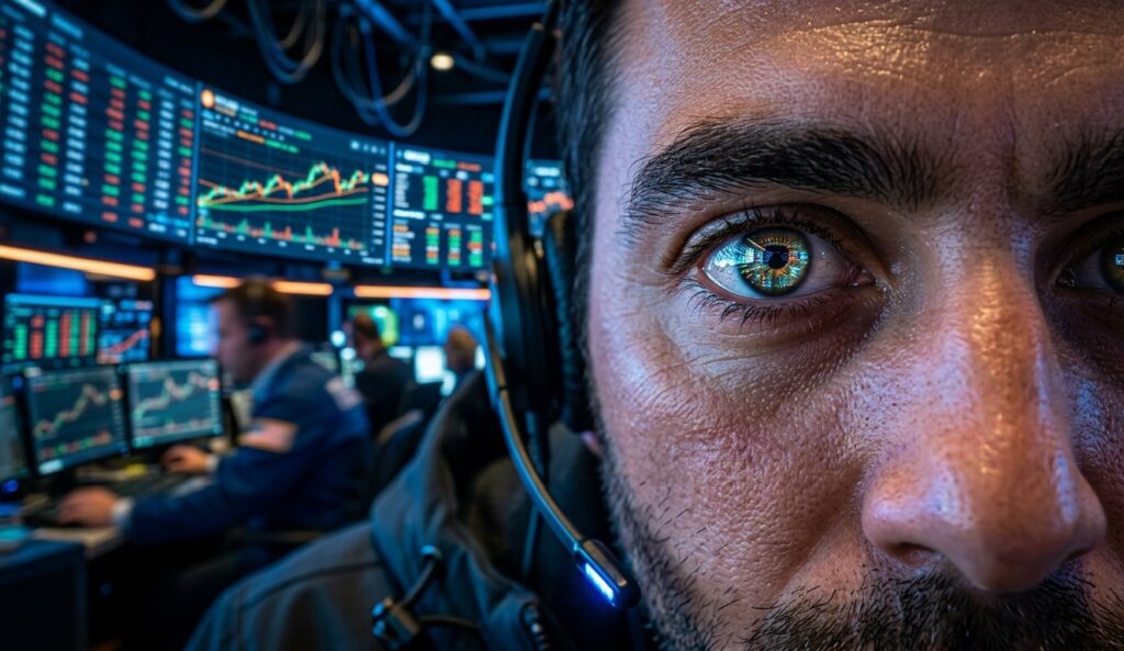 A very close-up photograph of a male trader viewed from the front looking directly at the camera with a focused and intense expression. His right eye clearly shows a vibrant reflection of green and red digital trading charts from the monitors in front of him. He is wearing a black headset. The background is a bustling trading floor with multiple large curved monitors displaying glowing financial data and candlestick charts. Cool blue tones and warm orange highlights from the screens give a futuristic high-tech feel.