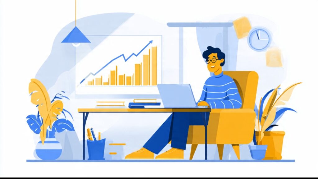 Freelancer reviewing three-year income growth chart showing progression from beginner earnings to high expert-level freelance income