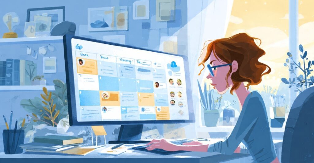 Freelance social media manager working on content calendar with multiple platform scheduling tools open on desktop