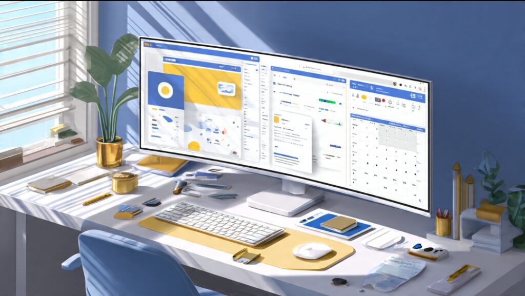 Freelance social media manager toolkit showing Canva design, Buffer scheduling, and content calendar on dual monitor setup