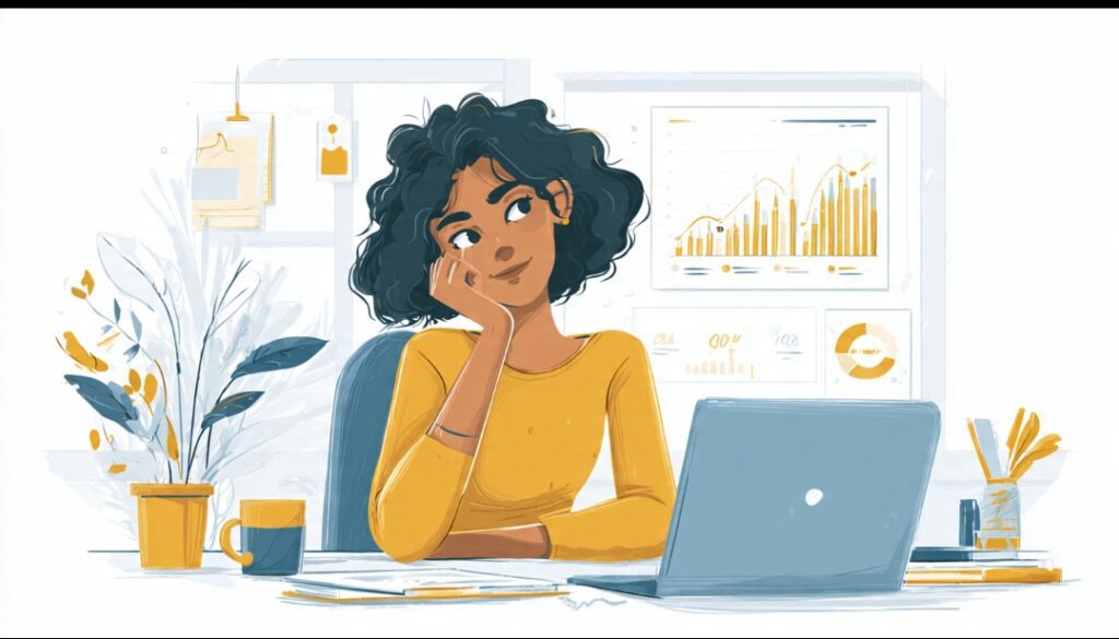 Freelance social media manager reviewing monthly analytics report showing follower growth and engagement metrics for client retainer renewal