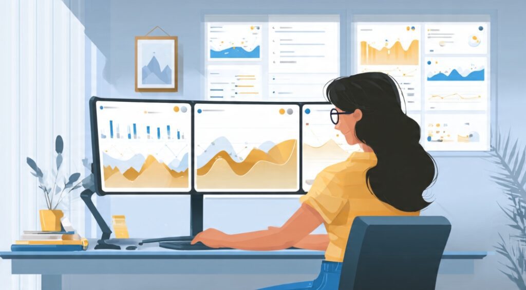 Freelance SEO specialist working on Google Search Console and Ahrefs keyword ranking dashboard at home office setup