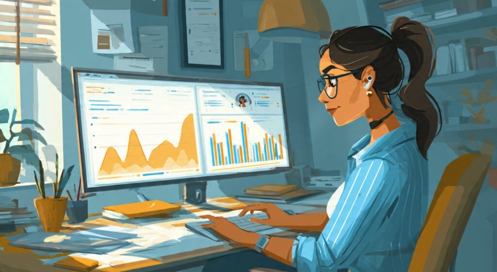 Freelance SEO specialist presenting monthly ranking report to client on video call showing keyword improvements and organic traffic growth