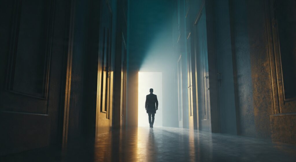 Determined entrepreneur walking through hallway of closed doors toward one open door with golden light — representing persistence through business rejection