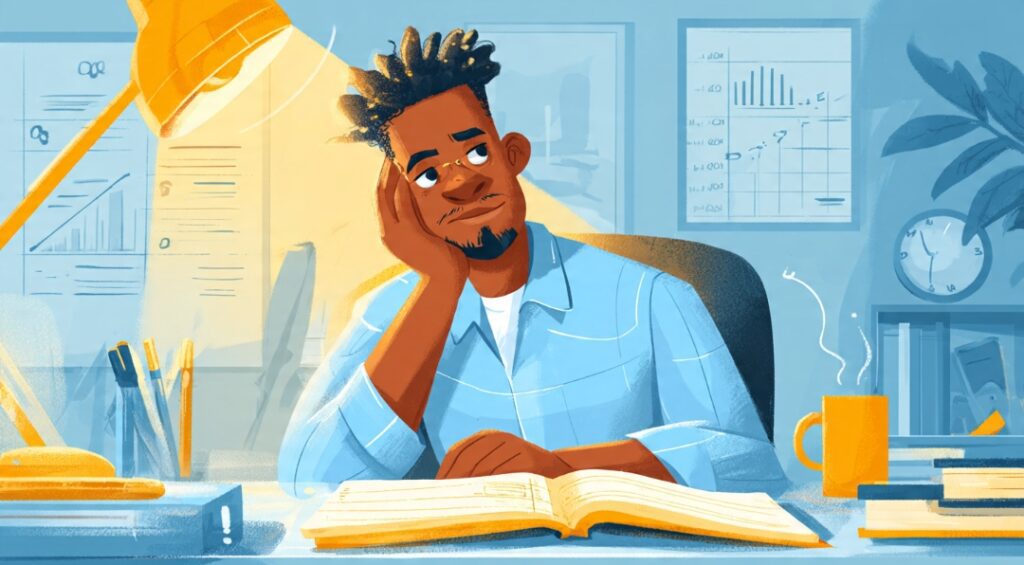 Confident entrepreneur reviewing rejection log notebook and turning rejection data into forward business plan with upward trend visible
