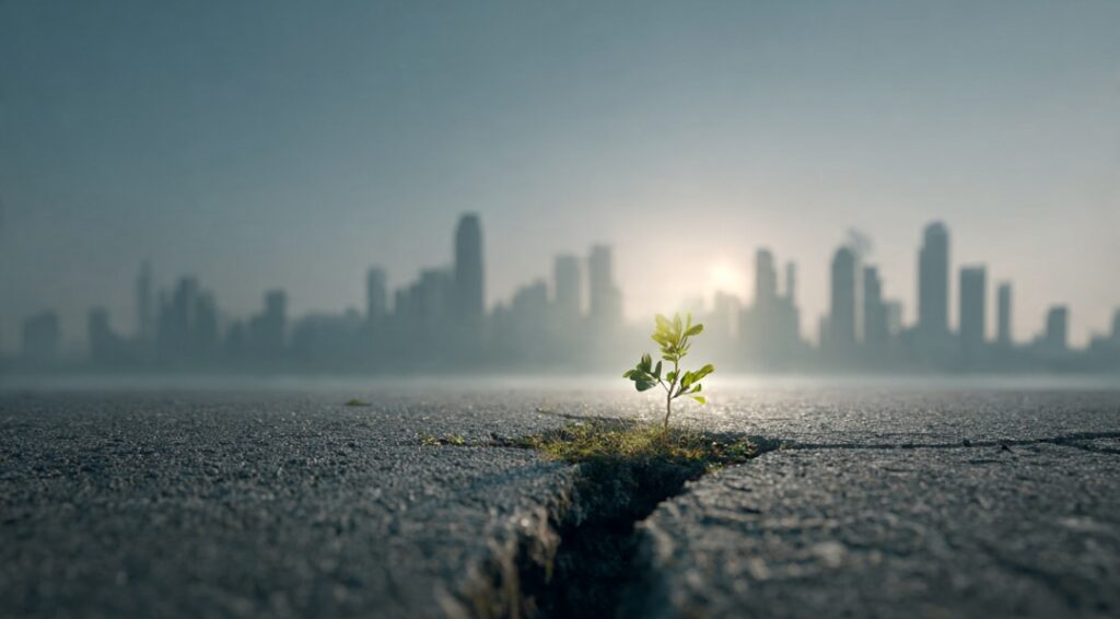Single seedling growing through cracked concrete with city skyline in background — symbolizing starting a business empire from zero