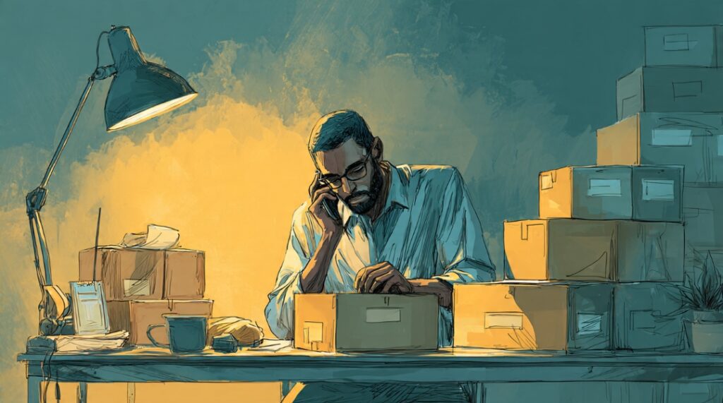 Entrepreneur doing humble unglamorous early-stage work packing boxes and making calls in small space — the real start of building from zero