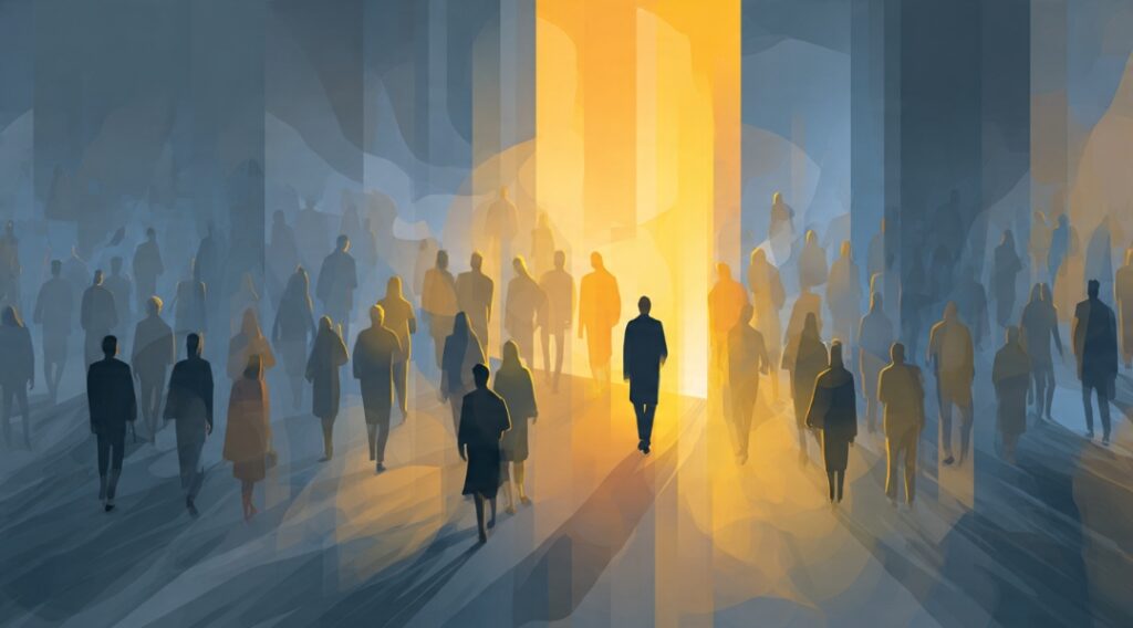 Entrepreneur noticing an illuminated opportunity gap in a crowded marketplace that everyone else walks past — business creativity from zero