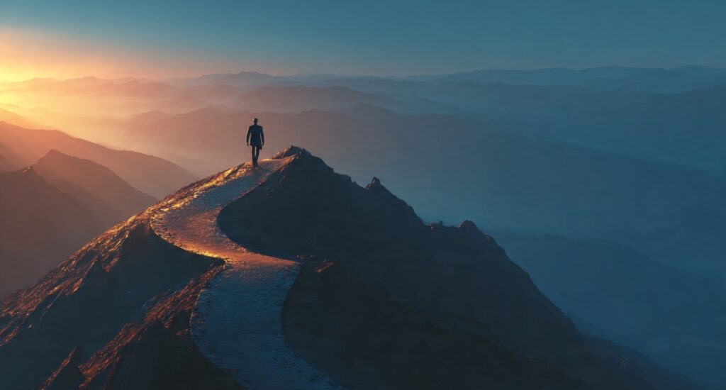 Confident entrepreneur taking first step on mountain path at sunrise — representing the decision to start building from zero