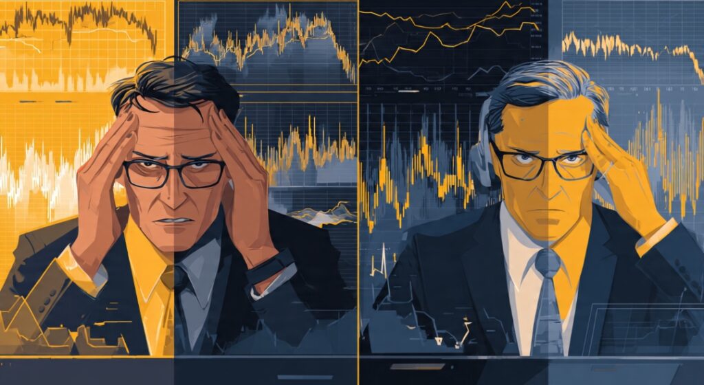 Split image comparing a brilliant but emotional losing trader versus a disciplined calm profitable trader — discipline beats brilliance in ICT trading