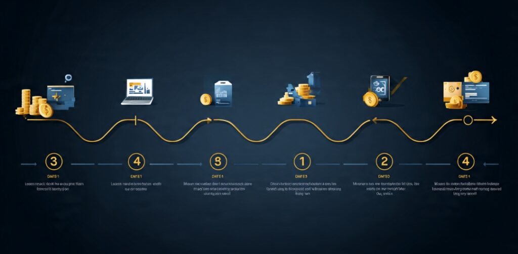 Beginner ICT learning roadmap infographic showing four steps from learning concepts to trading with real money