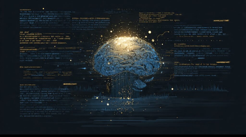 Conceptual illustration of generative AI creating new content — text, images, audio, and code flowing from a central AI
