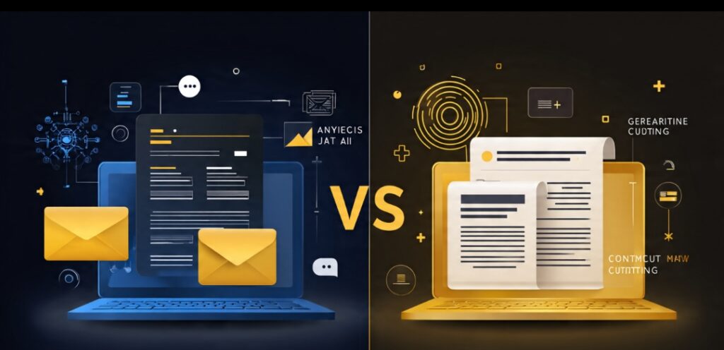 Diagram contrasting analytical AI that judges and labels data versus generative AI that creates brand new content from a prompt