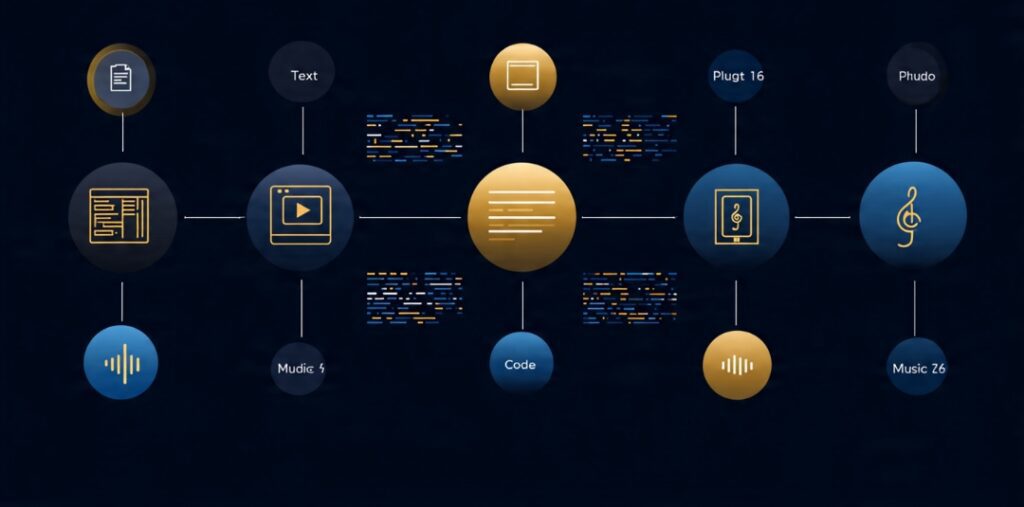 Infographic showing five types of generative AI — text, image, audio music, video, and code generation — unified under one concept