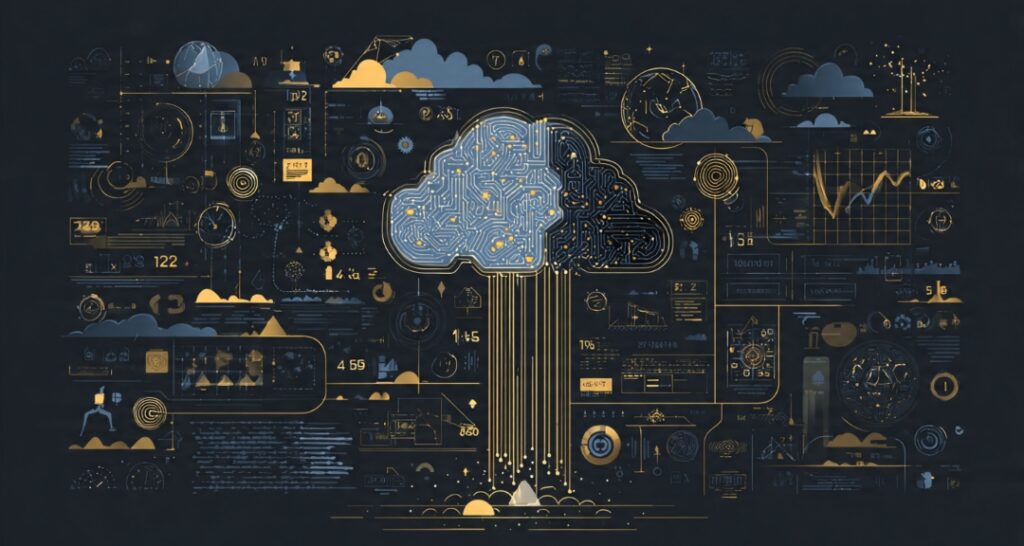 Conceptual illustration of machine learning where a computer learns patterns from data examples and makes smart predictions