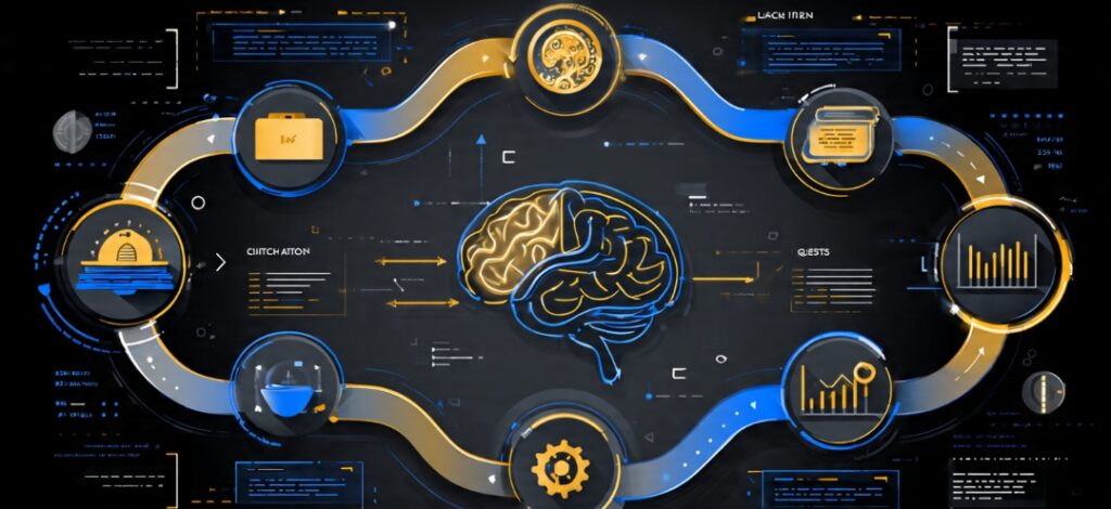 Illustration of the AI training loop — data in, AI guesses, checks the error, adjusts, and repeats to gradually learn