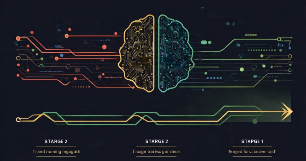 Diagram showing AI improving across training stages from random guesses to accurate predictions through repeated practice