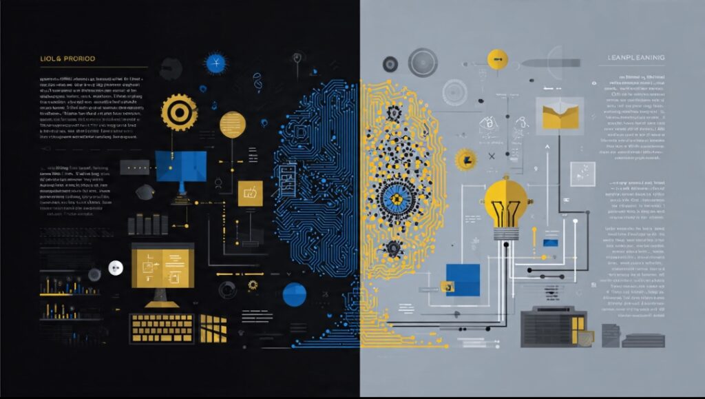 Infographic comparing traditional programming with explicit rules versus machine learning where AI learns patterns from data examples
