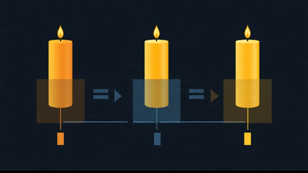 Educational diagram showing the three-candle fair value gap pattern with the gap between first and third candle wicks labeled