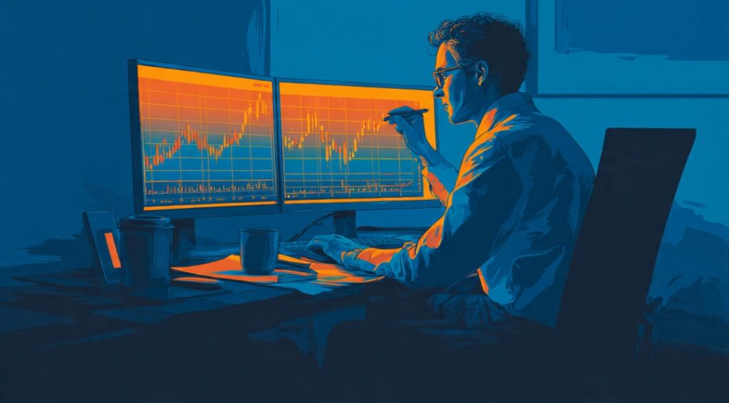 Disciplined trader identifying a high-quality fair value gap aligned with an order block and trend — confluence-based FVG trading approach
