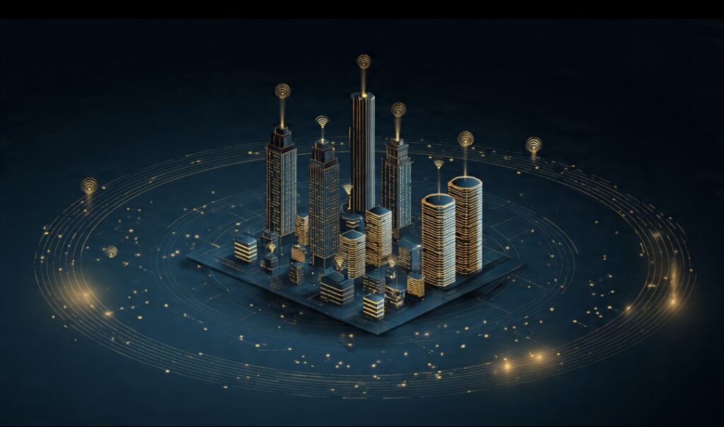 Illustration of a foundation model as a solid base with many different AI applications built on top of it like a building
