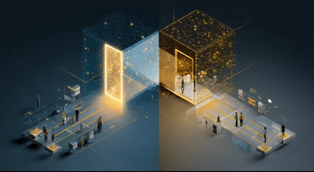 Split visual contrasting an open source foundation model freely accessible versus a closed model locked behind controlled access