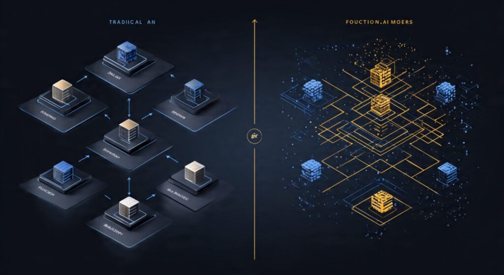 Before-and-after visual contrasting traditional narrow single-task AI models with one broad foundation model adapted to many tasks