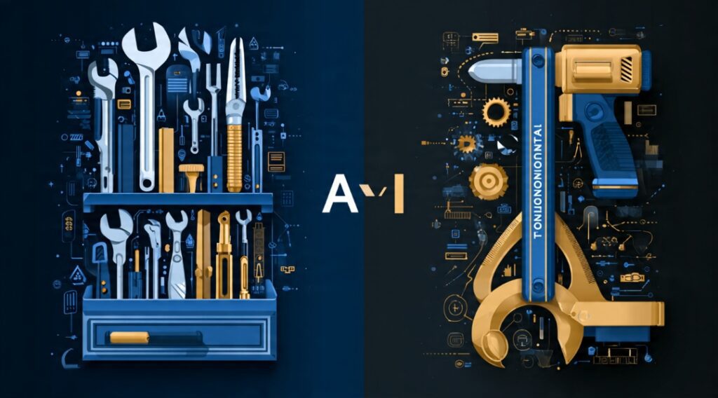 Tool metaphor showing traditional AI as many single-purpose tools versus a foundation model as one versatile adaptable multi-tool