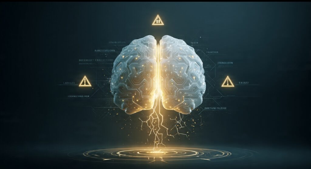 Illustration showing a powerful AI foundation model alongside its real limitations like bias, hallucination, and frozen knowledge