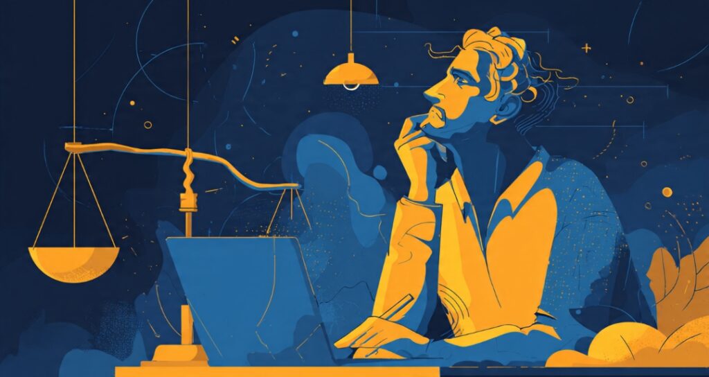 "A clean illustration of a thoughtful, capable person using an AI tool wisely — getting helpful output on one side while cross-checking and staying in control, neither fearful nor blindly trusting. A balanced scale nearby symbolizes the measured approach. The mood is competent and discerning. Dark background, blue and gold color palette, modern digital art style, confident and responsible tone."
Alt Text: A capable person using AI wisely — getting benefits while verifying and staying in control, the balanced responsible approach to foundation model limitations