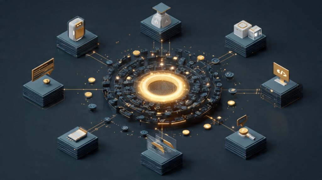 Illustration of one foundation model connected to many real-world applications including chatbots, healthcare, business, education, and coding