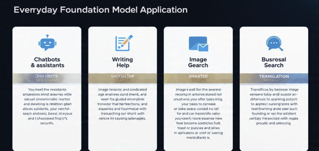 Grid of everyday foundation model applications including chatbots, writing help, image generation, smarter search, and translation