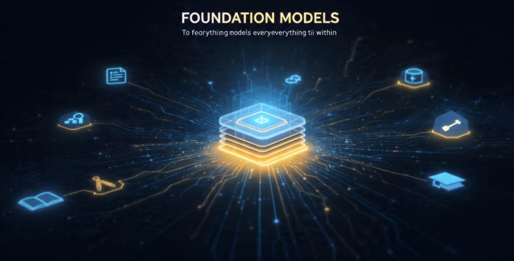 Infographic showing foundation models becoming like electricity — an invisible power layer flowing into everyday tools and industries