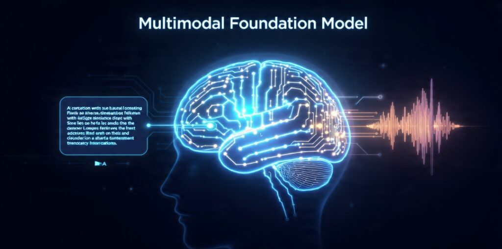 Conceptual illustration of a multimodal foundation model understanding text, images, and audio together as multiple inputs