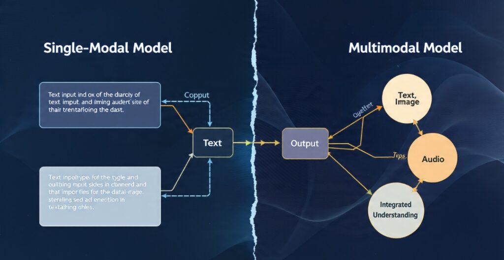 Diagram contrasting a single-modal model handling only text with a multimodal model connecting text, image, and audio together