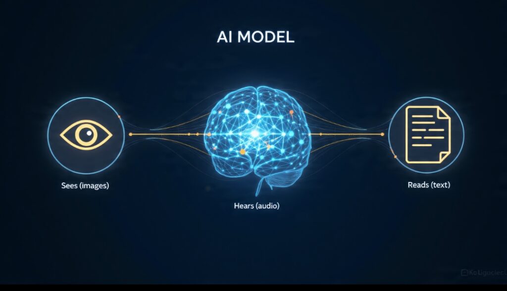 Infographic showing a multimodal model combining seeing images, hearing audio, and reading text like human senses working together