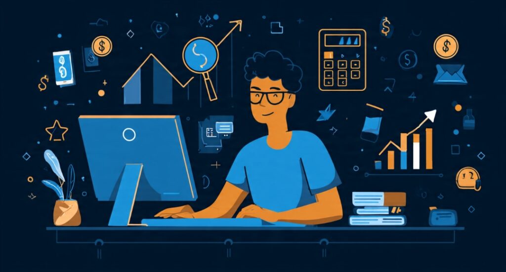 Illustration of a freelancer confidently setting their rate based on research, costs, value, and confidence rather than guessing