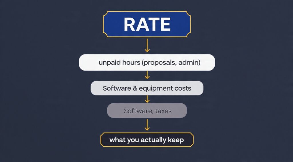 Infographic showing a freelance rate reduced by unpaid hours, platform fees, costs, and taxes to reveal what you actually keep