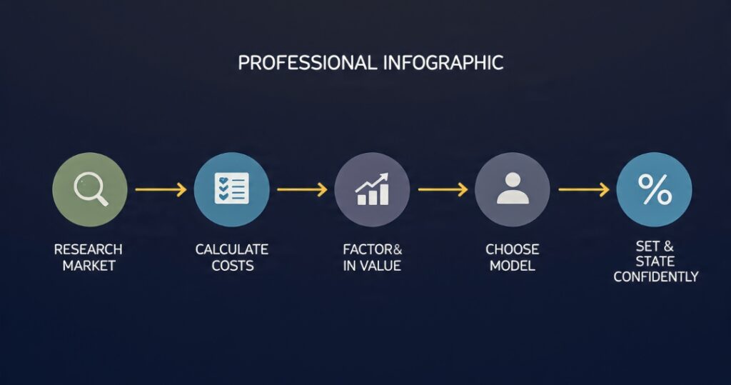Infographic showing the five-step process to set a freelance rate: research, calculate costs, factor value, choose model, and state confidently
